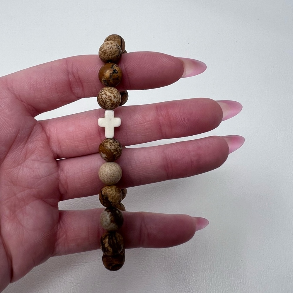 Elegant Brown Stone Bracelet with Cross Charm